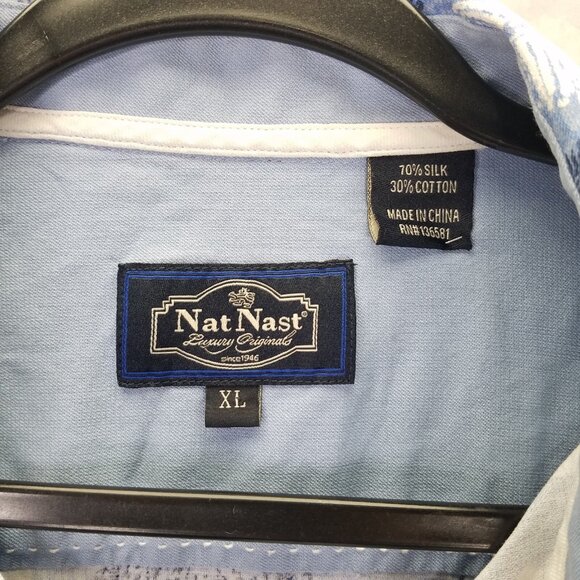 NAT NAST Button Up Shirt Men's XL Silk Blend Blue Square Hawaiian Short Sleeve - Picture 10 of 15